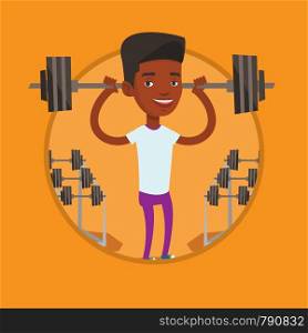 African weightlifter holding a barbell. Sporty man lifting a heavy weight barbell. Strong sportsman doing exercise with barbell. Vector flat design illustration in the circle isolated on background.. Man lifting barbell vector illustration.