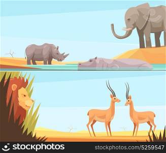 African Wild Banners Set. Two horizontal wild animal banners set with flat images of prey and beast animals with tropical landscape vector illustration