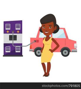 African woman charging electric car at charging station. Woman standing near power supply for electric car. Charging of electric car. Vector flat design illustration isolated on white background.. Charging of electric car vector illustration.