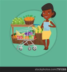 African woman checking shopping list. Woman holding shopping list near trolley with products. Woman writing in shopping list. Vector flat design illustration in the circle isolated on background.. Woman with shopping list vector illustration.