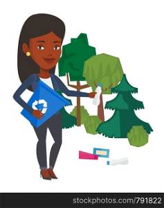 African woman collecting garbage in recycle bin. Woman with recycling bin in hand picking up used plastic bottles. Waste recycling concept. Vector flat design illustration isolated on white background. Woman collecting garbage in forest.