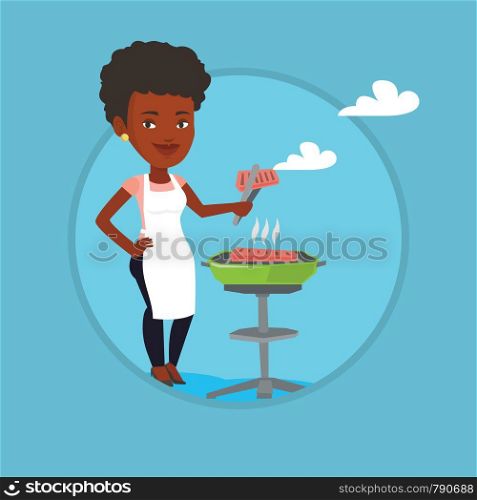 African woman cooking steak on the barbecue grill. Woman preparing steak on the barbecue grill. Woman having outdoor barbecue. Vector flat design illustration in the circle isolated on background.. Woman cooking steak on barbecue grill.