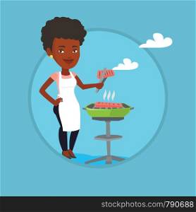 African woman cooking steak on the barbecue grill. Woman preparing steak on the barbecue grill. Woman having outdoor barbecue. Vector flat design illustration in the circle isolated on background.. Woman cooking steak on barbecue grill.