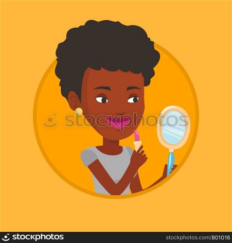 African woman doing makeup. Woman rouge lips with red color lipstick. Young woman paints her lips. Woman applying lips makeup. Vector flat design illustration in the circle isolated on background.. Woman rouge lips with red color lipstick.