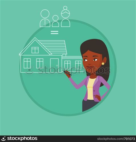 African woman drawing family house. Woman drawing a house with a family. Woman dreaming about future life in a new family house. Vector flat design illustration in the circle isolated on background.. Young woman drawing her family house.