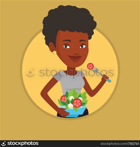 African woman eating healthy vegetable salad. Woman enjoying vegetable salad. Woman holding fork and bowl with vegetable salad. Vector flat design illustration in the circle isolated on background.. Woman eating healthy vegetable salad.