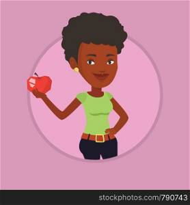 African woman enjoying fresh healthy apple. Woman holding an apple in hand. Woman eating an apple. Concept of healthy nutrition. Vector flat design illustration in the circle isolated on background.. Young woman holding apple vector illustration.