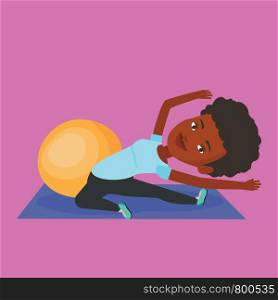African woman exercising in the gym. Woman doing stretching on exercise mat. Sportswoman stretching before training. Woman doing stretching exercises. Vector flat design illustration. Square layout.. Young woman exercising with fitball.