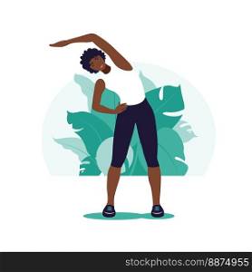 African woman exercising in the park. Outdoor sports. Healthy lifestyle and fitness concept. Vector illustration in flat style.