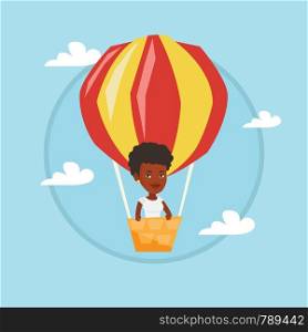 African woman flying in a hot air balloon. Woman standing in the basket of hot air balloon. Woman traveling in hot air balloon. Vector flat design illustration in the circle isolated on background.. Young woman flying in hot air balloon.