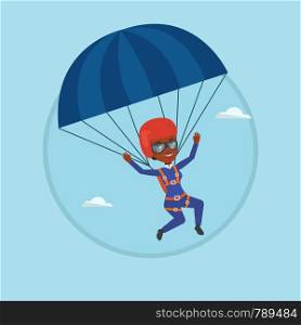 African woman flying with a parachute. Woman paragliding on a parachute. Professional parachutist descending with a parachute. Vector flat design illustration in the circle isolated on background.. Young happy woman flying with parachute.