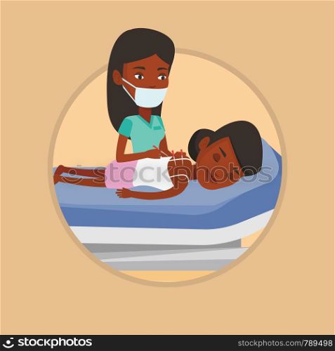 African woman getting acupuncture treatment. Acupuncturist doctor performing acupuncture therapy on back of a customer in salon. Vector flat design illustration in the circle isolated on background.. Acupuncturist doctor making acupuncture therapy.