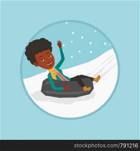 African woman having fun while sledding on snow rubber tube. Woman riding on snow rubber tube. Woman sitting in snow rubber tube. Vector flat design illustration in the circle isolated on background.. Woman sledding on snow rubber tube in mountains.
