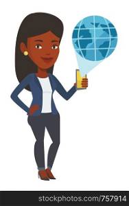 African woman holding a smartphone with a model of planet earth coming out of the device. International technology communication concept. Vector flat design illustration isolated on white background. International technology communication.