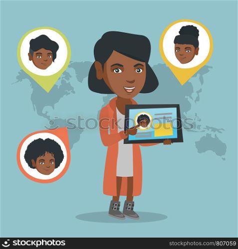 African woman holding a tablet with social network user profile on a screen. Woman standing on the background of world map with avatars of social network. Vector cartoon illustration. Square layout.. African woman holding tablet with social network