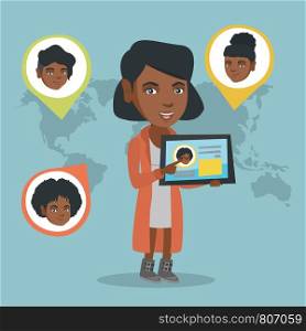 African woman holding a tablet with social network user profile on a screen. Woman standing on the background of world map with avatars of social network. Vector cartoon illustration. Square layout.. African woman holding tablet with social network