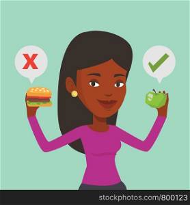 African woman holding apple and hamburger in hands. Woman choosing between apple and hamburger. Woman choosing between healthy and unhealthy nutrition. Vector flat design illustration. Square layout.. Woman choosing between hamburger and cupcake.