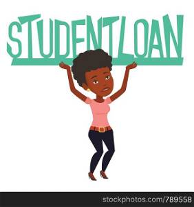 African woman holding heavy sign of student loan. Tired woman carrying heavy sign - student loan. Concept of the high cost of student loan. Vector flat design illustration isolated on white background. Woman holding sign of student loan.