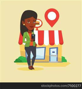 African woman holding smartphone with mobile application for looking for restaurant. Woman using smartphone application for searching of restaurant. Vector flat design illustration. Square layout.. Woman looking for restaurant in her smartphone.
