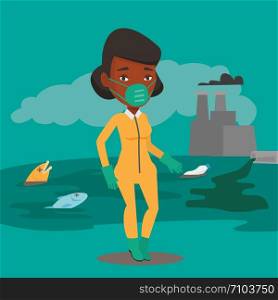 African woman in gas mask and radiation protective suit standing on the background of nuclear power plant. Scientist wearing radiation protection suit. Vector flat design illustration. Square layout.. Woman in radiation protective suit.
