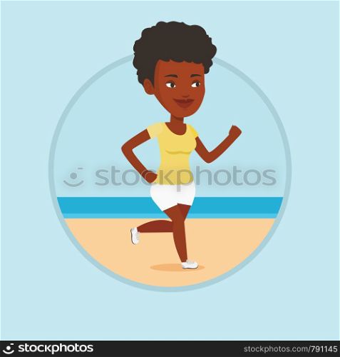 African woman jogging on beach. Athlete running on the beach. Woman running along the seashore. Woman enjoying jogging on beach. Vector flat design illustration in the circle isolated on background.. Young sporty woman jogging on the beach.