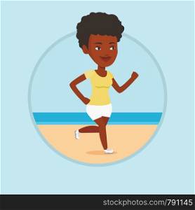 African woman jogging on beach. Athlete running on the beach. Woman running along the seashore. Woman enjoying jogging on beach. Vector flat design illustration in the circle isolated on background.. Young sporty woman jogging on the beach.