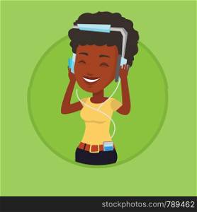 African woman listening to music on smartphone. Woman in headphones listening to music. Woman with eyes closed enjoying music. Vector flat design illustration in the circle isolated on background.. Young woman in headphones listening to music.