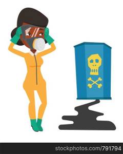 African woman looking at leaking barrel with radioactive sign. Young woman in respirator and radiation protective suit clutching his head. Vector flat design illustration isolated on white background.. Woman in radiation protective suit.
