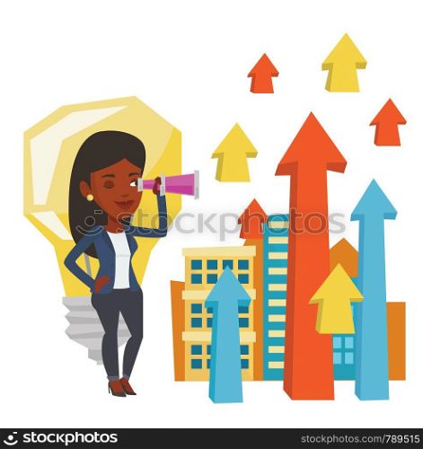 African woman looking through spyglass at arrows going up and idea bulb. Business woman looking for creative idea. Business idea concept. Vector flat design illustration isolated on white background.. Woman looking through spyglass on raising arrows.