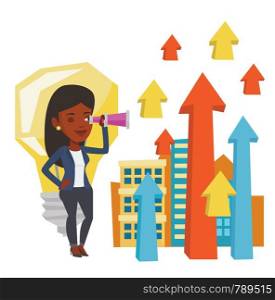 African woman looking through spyglass at arrows going up and idea bulb. Business woman looking for creative idea. Business idea concept. Vector flat design illustration isolated on white background.. Woman looking through spyglass on raising arrows.