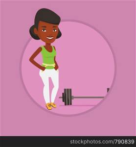 African woman measuring her waistline with a tape. Woman measuring with tape the waistline. Woman with centimeter on a waistline. Vector flat design illustration in the circle isolated on background.. Woman measuring waist vector illustration.