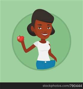 African woman on a diet. Slim woman in oversized pants showing the results of her diet. Concept of dieting and healthy lifestyle. Vector flat design illustration in the circle isolated on background. Slim woman in pants showing results of her diet.