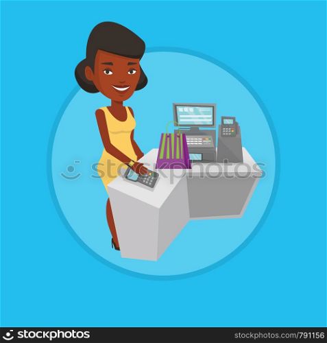 African woman paying wireless with her smart watch at the checkout counter. Customer making payment for purchase with smart watch. Vector flat design illustration in the circle isolated on background.. Woman paying wireless with smart watch.