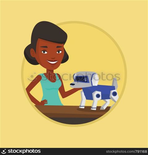 African woman playing with a robotic dog. Woman standing near the table with a cyber dog on it. Woman stroking a robotic dog. Vector flat design illustration in the circle isolated on background.. Happy young woman playing with robotic dog.