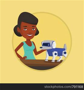 African woman playing with a robotic dog. Woman standing near the table with a cyber dog on it. Woman stroking a robotic dog. Vector flat design illustration in the circle isolated on background.. Happy young woman playing with robotic dog.