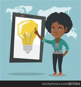 African woman pointing at a big tablet computer with a light bulb on a screen. Woman standing next to the tablet computer on the background of world map. Vector cartoon illustration. Square layout.. African woman pointing at a big tablet computer.