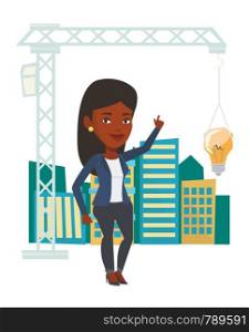 African woman pointing at idea light bulb hanging on crane. Architect having idea in town planning. Concept of new ideas in architecture. Vector flat design illustration isolated on white background.. Woman having business idea vector illustration.
