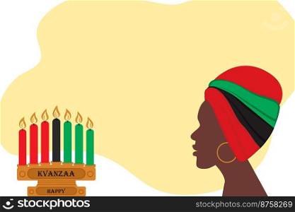 African woman profile wearing a traditional headdress in the shades of national flag and candlestick with 7 candles in African colors. Copyspace. Happy Kwanzaa. Good for lettering, banner, tag. EPS
