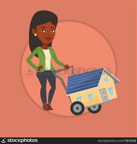 African woman pushing a shopping trolley with a house. Young woman buying house. Woman using shopping trolley to transport a house. Vector flat design illustration in the circle isolated on background. Young woman buying house vector illustration.