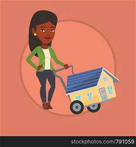 African woman pushing a shopping trolley with a house. Young woman buying house. Woman using shopping trolley to transport a house. Vector flat design illustration in the circle isolated on background. Young woman buying house vector illustration.