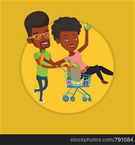 African woman pushing a shopping trolley with her friend. Couple of carefree friends having fun while riding by shopping trolley. Vector flat design illustration in the circle isolated on background. Couple of friends riding by shopping trolley.
