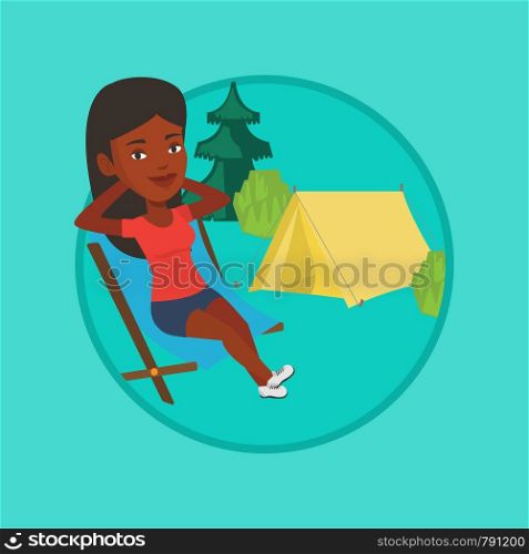 African woman relaxing in camping. Woman sitting in chair on the background of camping site. Woman enjoying vacation in camping. Vector flat design illustration in the circle isolated on background.. Woman sitting in folding chair in the camp.