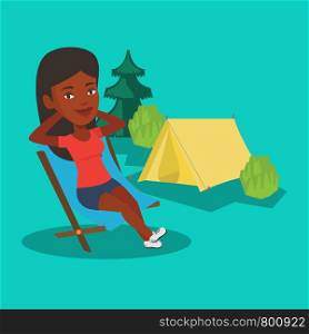 African woman relaxing in camping. Woman sitting in folding chair on the background of camping site with tent. Woman enjoying her vacation in camping. Vector flat design illustration. Square layout.. Woman sitting in folding chair in the camp.
