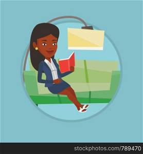 African woman relaxing with book on the couch at home. Woman reading a book on a sofa. Woman sitting on sofa and reading a book. Vector flat design illustration in the circle isolated on background.. Woman reading book on sofa vector illustration.