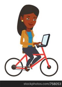 African woman riding a bicycle to work. Businesswoman with laptop on a bike. Businesswoman working on a laptop while riding a bicycle. Vector flat design illustration isolated on white background.. Woman riding bicycle and working on a laptop.