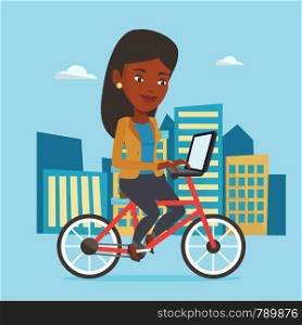 African woman riding a bicycle to work in the city. Business woman with laptop on a bike. Business woman working on a laptop while riding a bicycle. Vector flat design illustration. Square layout.. Woman riding bicycle in the city.