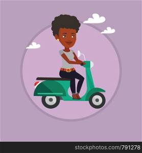 African woman riding a scooter outdoor. Woman driving a scooter. Woman enjoying his trip on a scooter. Girl traveling on a scooter. Vector flat design illustration in the circle isolated on background. Woman riding scooter vector illustration.