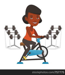 African woman riding stationary bicycle in the gym. Woman exercising on stationary training bicycle. Woman training on exercise bicycle. Vector flat design illustration isolated on white background.. Young woman riding stationary bicycle.
