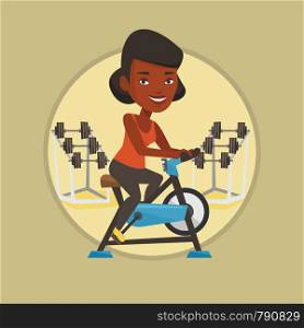 African woman riding stationary bicycle. Woman exercising on stationary training bicycle. Woman training on exercise bicycle. Vector flat design illustration in the circle isolated on background.. Young woman riding stationary bicycle.
