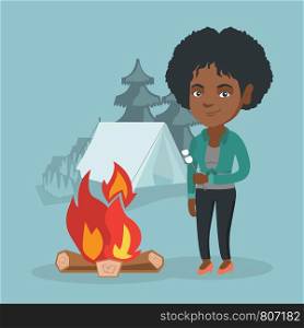 African woman roasting marshmallows over campfire on the background of camping site with a tent. Woman standing near campfire and roasting marshmallows. Vector cartoon illustration. Square layout.. African woman roasting marshmallow over campfire.